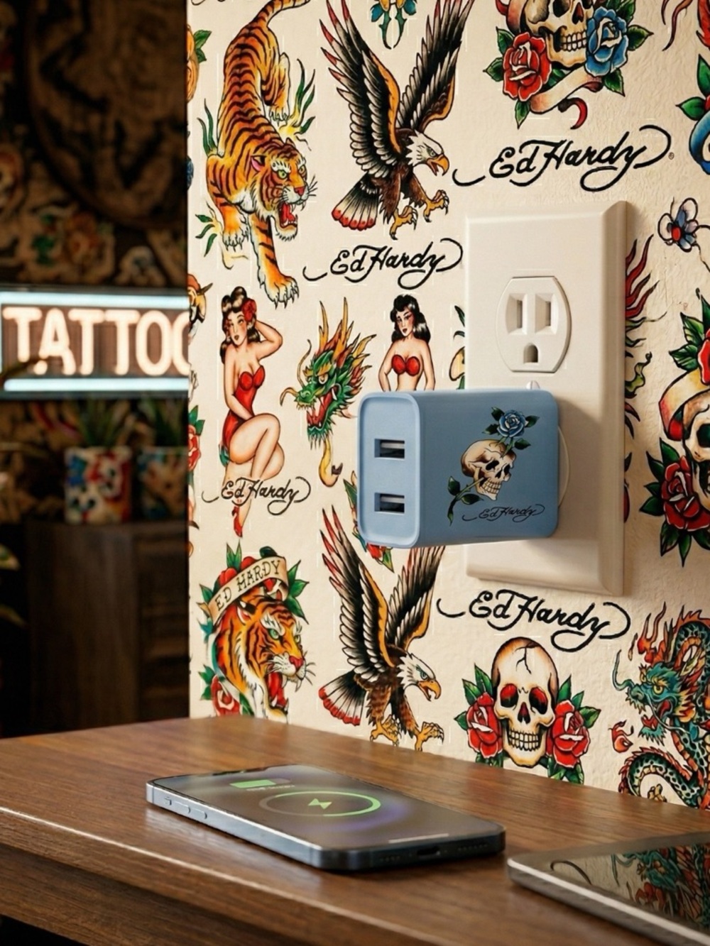Ed Hardy Christian Audigier Rapid Charge Wall Charger USB-A & USB-C Ports (BLUE)